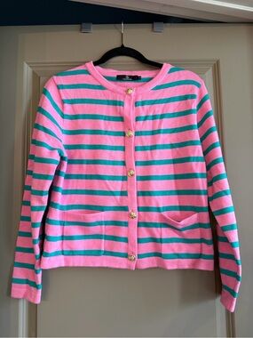 Pink and Teal Striped Button-Up Cardigan Sweater